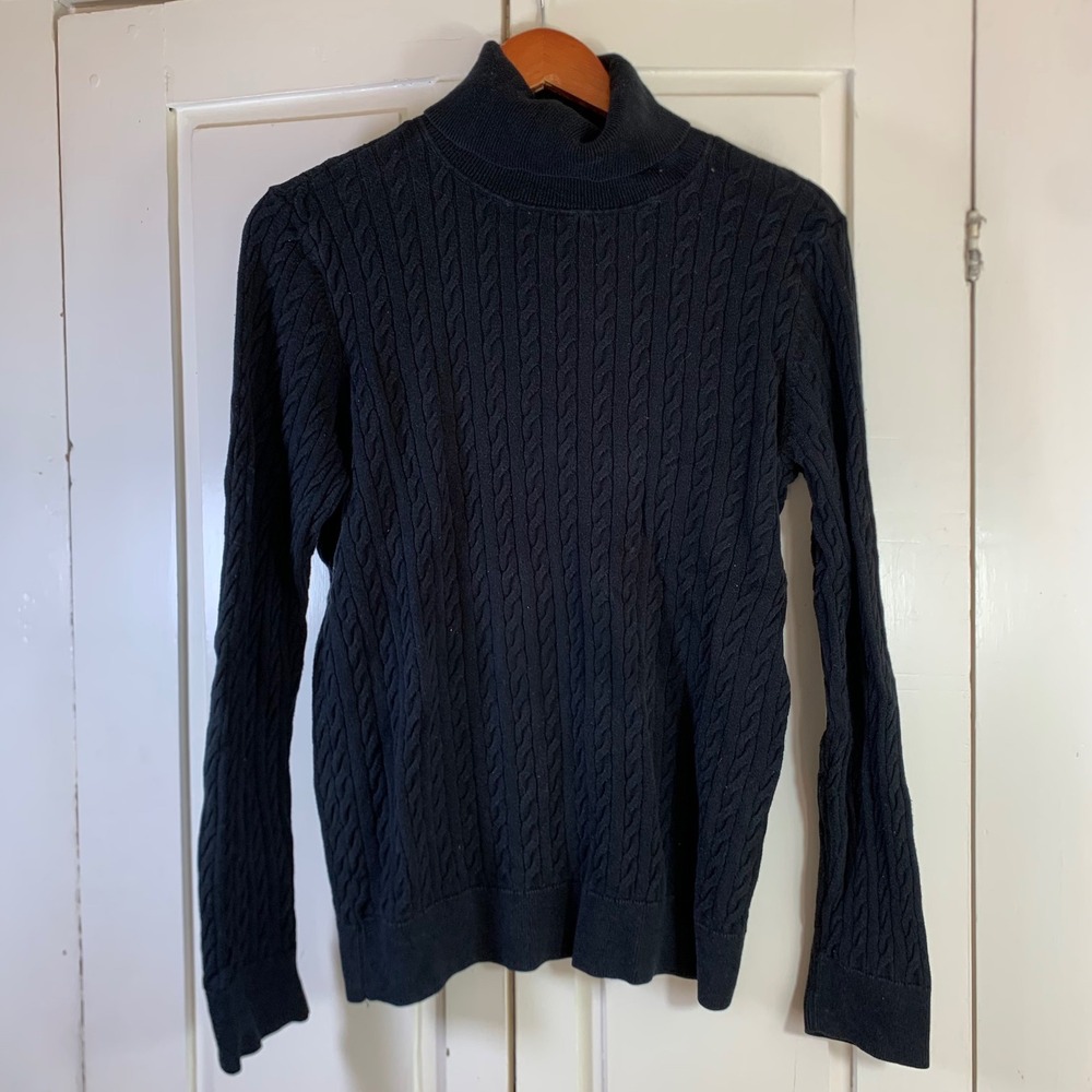 Talbots Black Cable Knit Turtleneck Sweater Womens Medium 100% Cotton READ